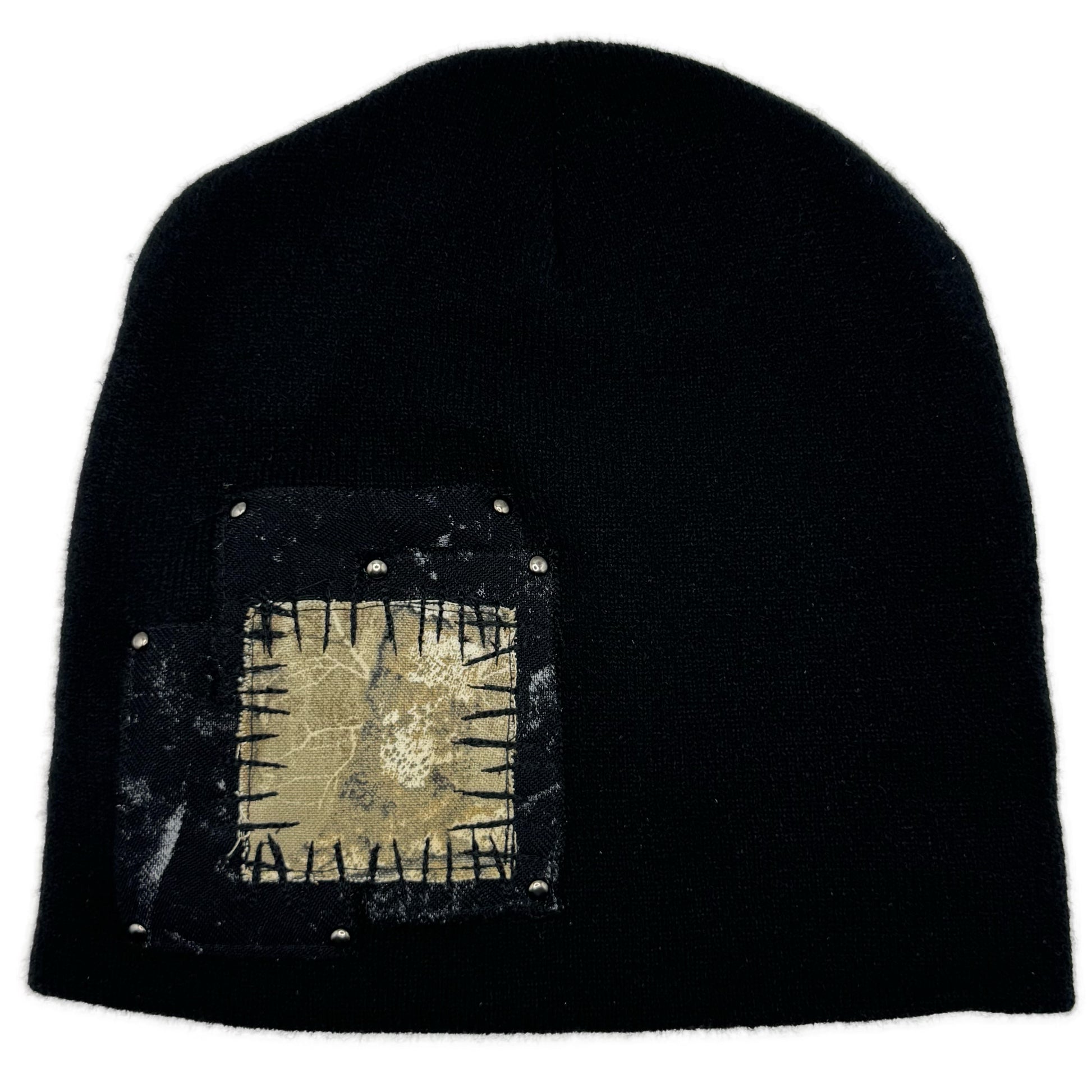 Studded Riveted Realtree Patchwork Black Beanie Handworked by BrokenPublic