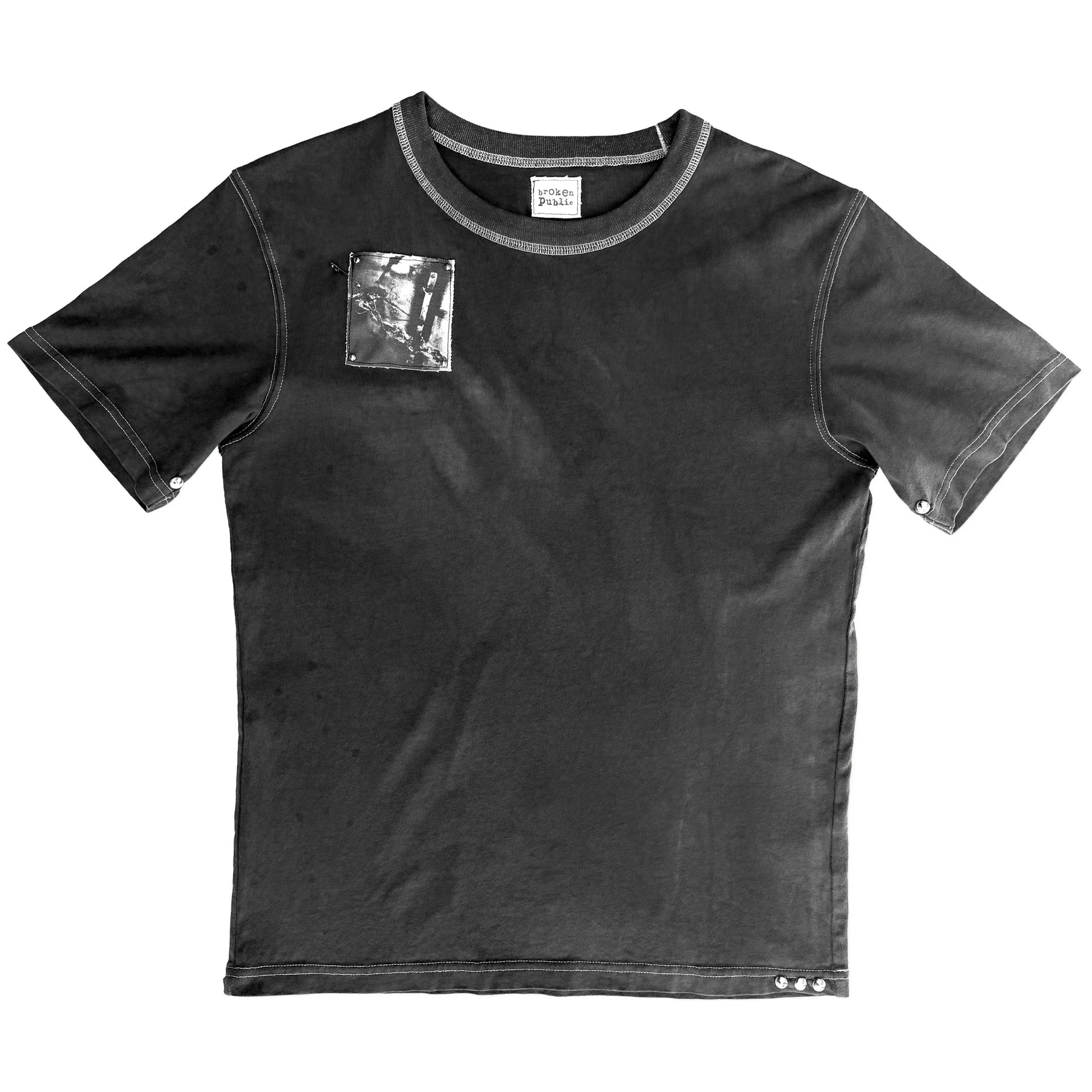 Studded Patched Grey Contrast Stitching T-shirt Handcrafted by BrokenPublic