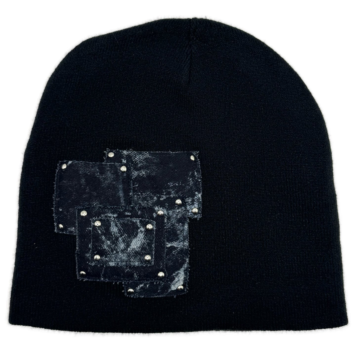 navy patchwork black skully beanie