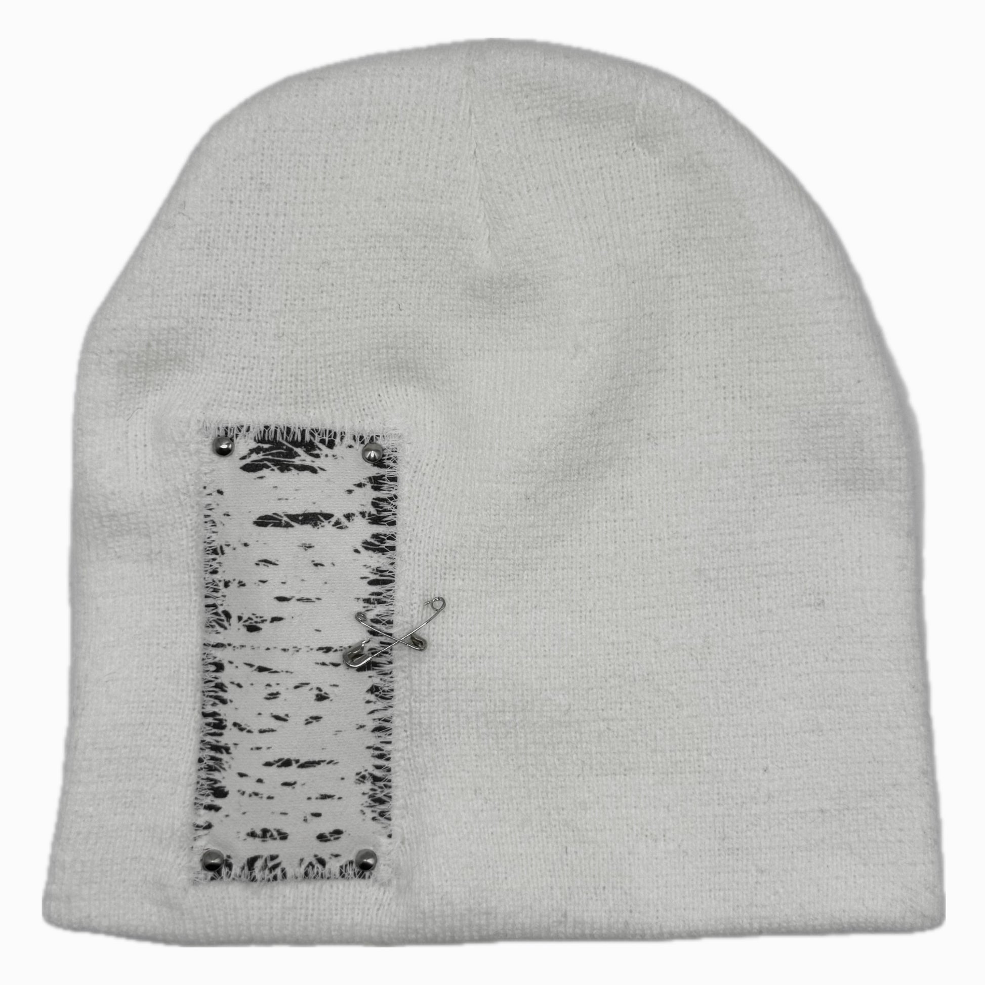 Studded Patched White Beanie Handworked by BrokenPublic